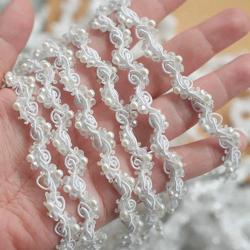 90cm Pearl Beaded Lace Trim Tape Crystal Ribbon DIY Collar Sewing Garment Belt Wedding Dress Braided Lace Materials White Black