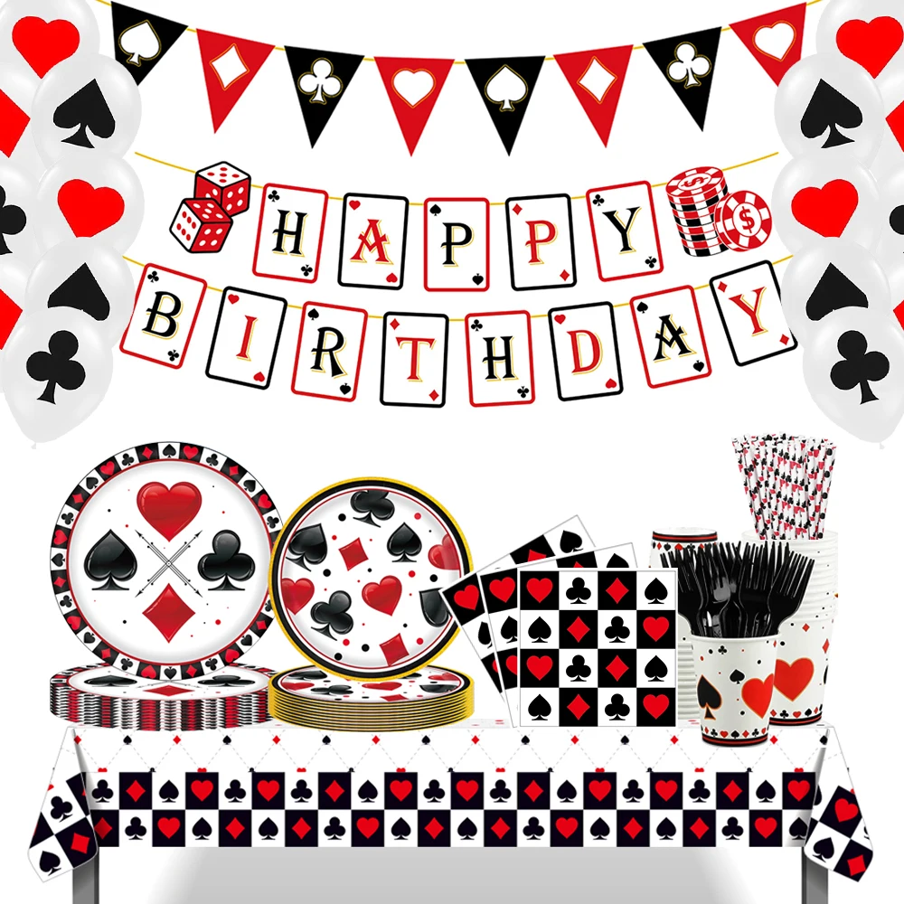 Casino-Thema, Partydekoration, Pokerkarten, Teller, Tassen, Servietten, Banner, Tischdecke, Luftballons, Geburtstag, Spielkarten, Partyzubehör