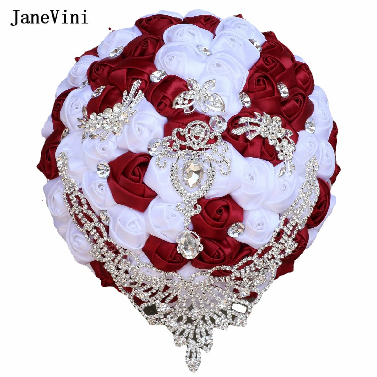 

JaneVini Luxury Rhinestone Burgundy Bouquet Wedding Flowers Artificial Satin Roses Bridal Hand Bouquets Crystal Ramos De Novia