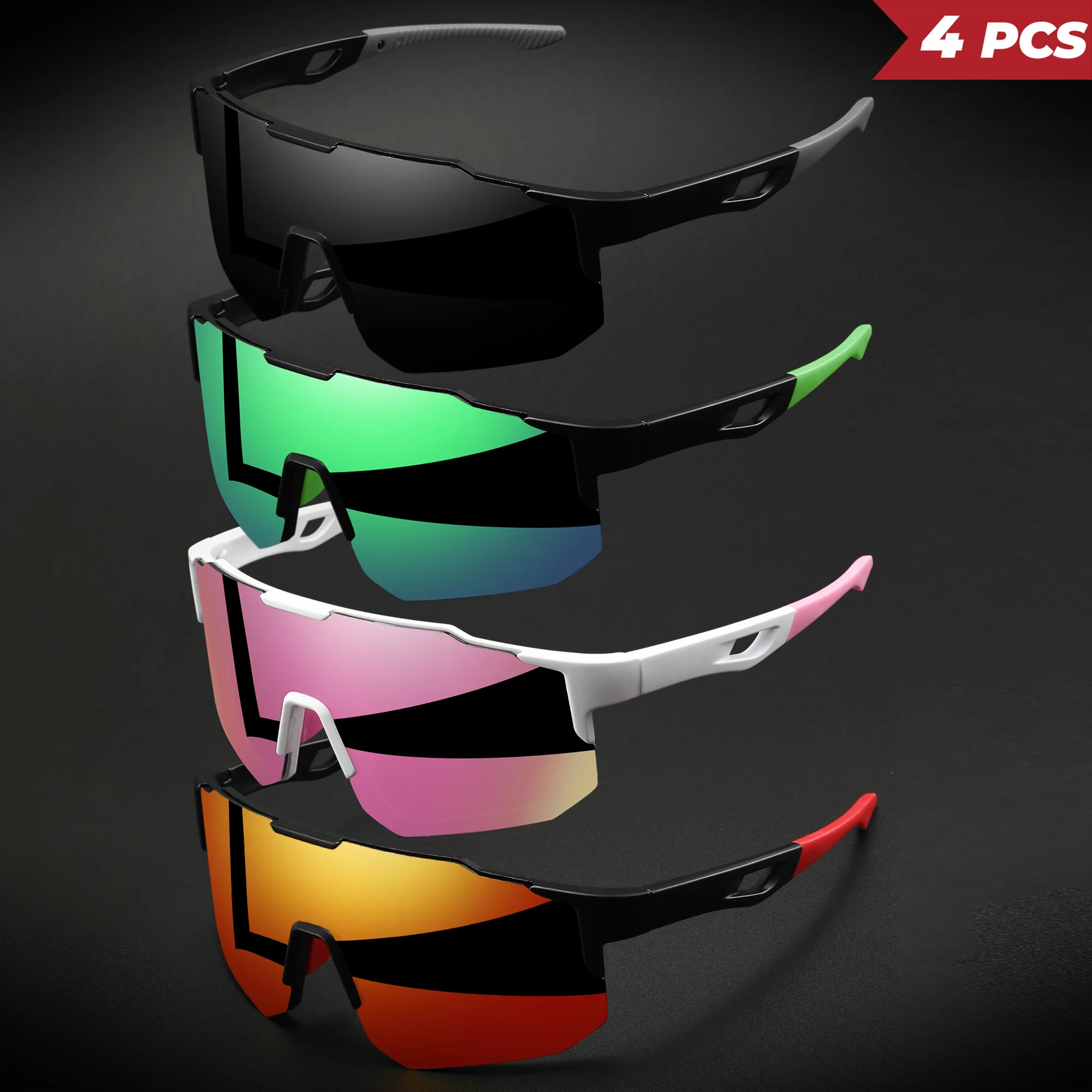 4 Stück übergroße bunte Sport-Sonnenbrillen – umlaufendes Design, UV400, Unisex, bequeme Passform für Radfahren, Wandern und Outdoor – Detail 11