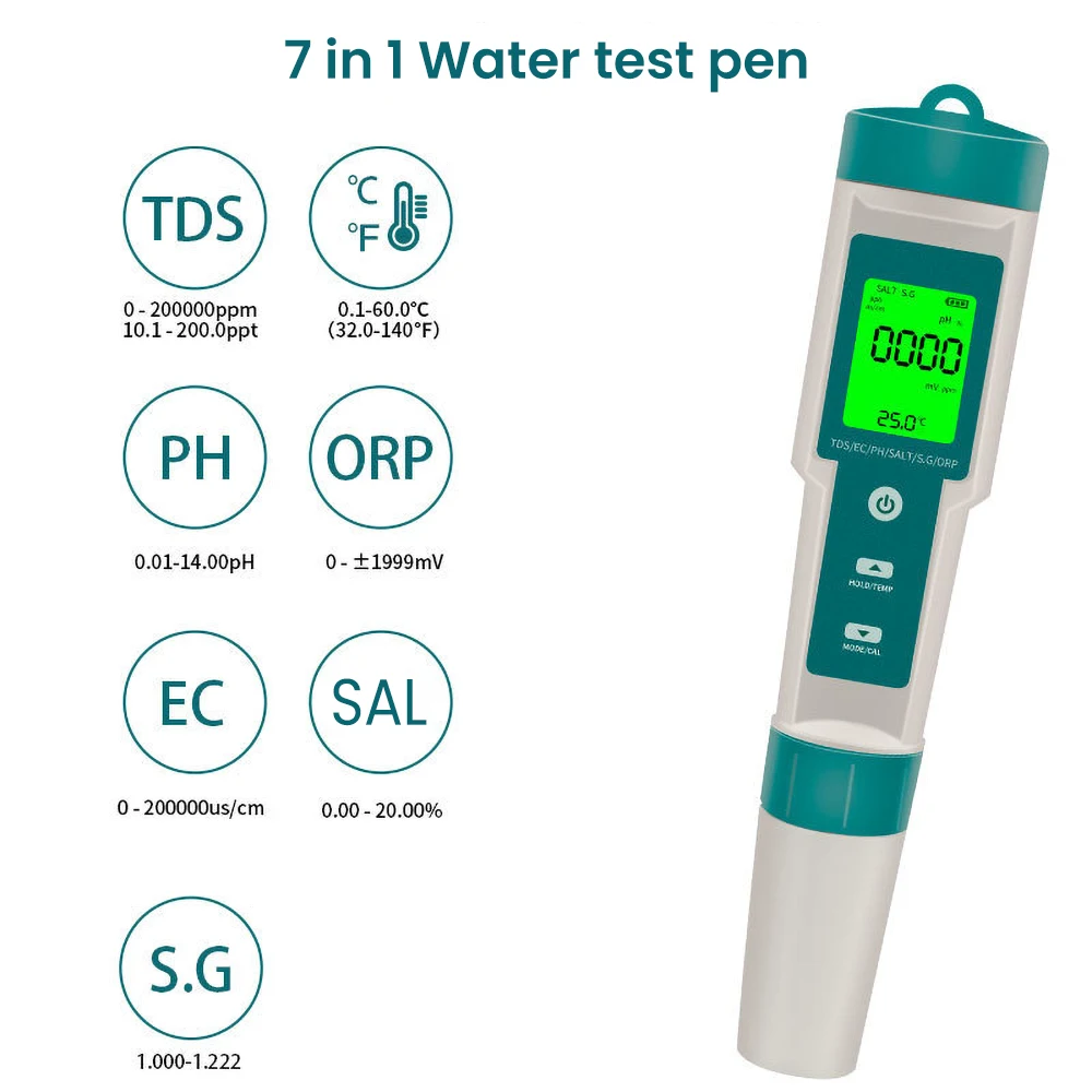 

B50 New 7 in 1 PH/TDS/EC/ORP/Salinity /S. G/Temperature Meter C-600 Water Quality Tester for Drinking Water, Aquariums PH Meter