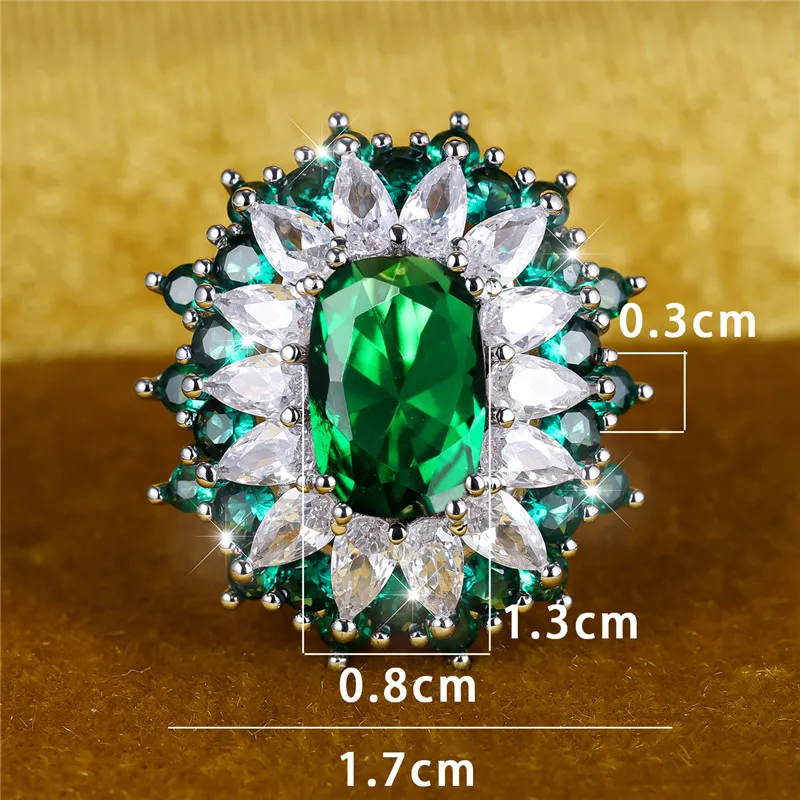 Cute Female Big Green Blue Adjustable Open Oval Ring Luxury Large Engagement Wedding Jewelry For Women
