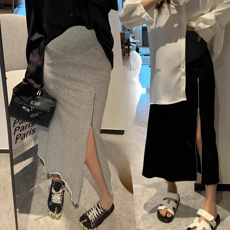 Korean Style Maternity Sports Skirt High Waist Side Zipper Fly Split Belly Skirts Long Loose Pregnant Woman Long Loose Skirts