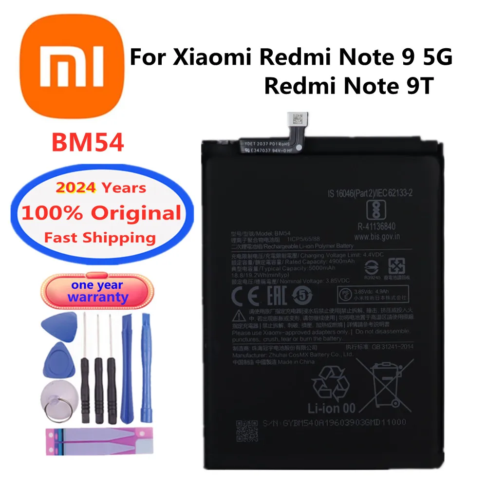 

2024 год, 100% оригинальный аккумулятор BM54 для Xiaomi Redmi Note 9T / Note 9 Note9 5G MTK 800U, 5000 мАч, аккумулятор для телефона + Инструменты