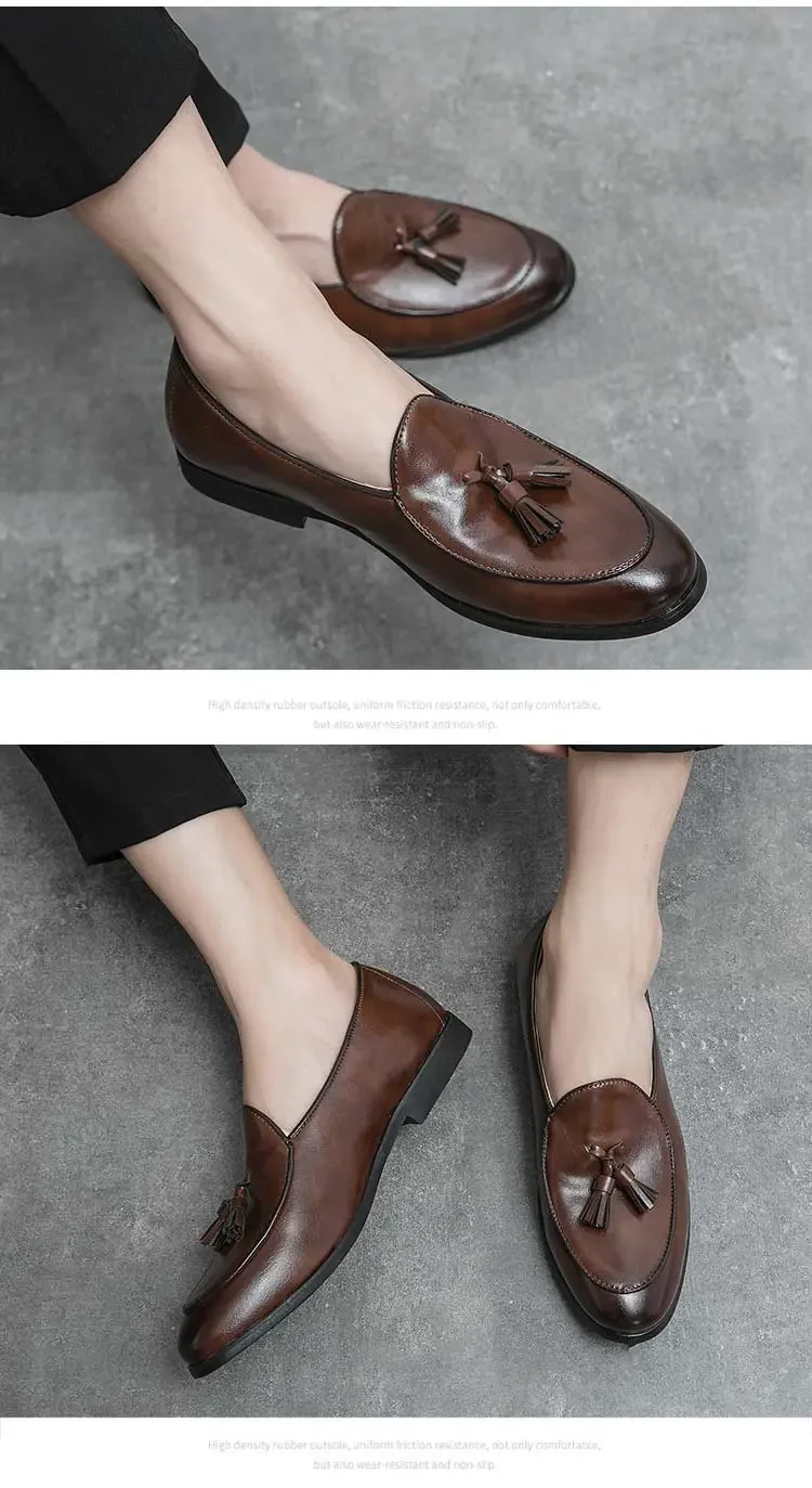 Brown Loafers Uzzi Formal Shoes Men Business Shoes Simple Tassel Leather  Shoes Style Casual Dress Shoes Mens