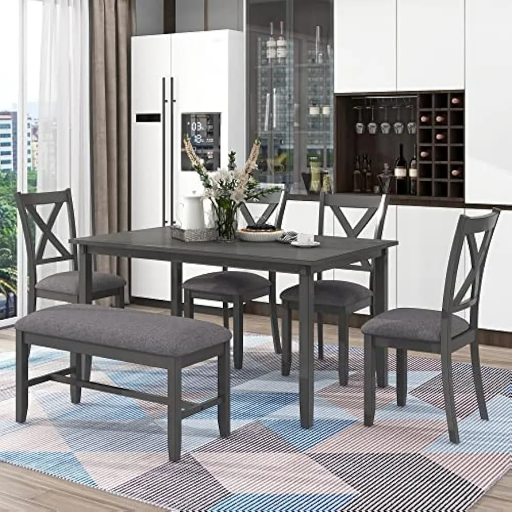 6 Piece Dining Table Set, Wood Dining Dinette Table and 4 Chairs with 1 Bench with Cushion, Rustic Style Kitchen, Dining Tables