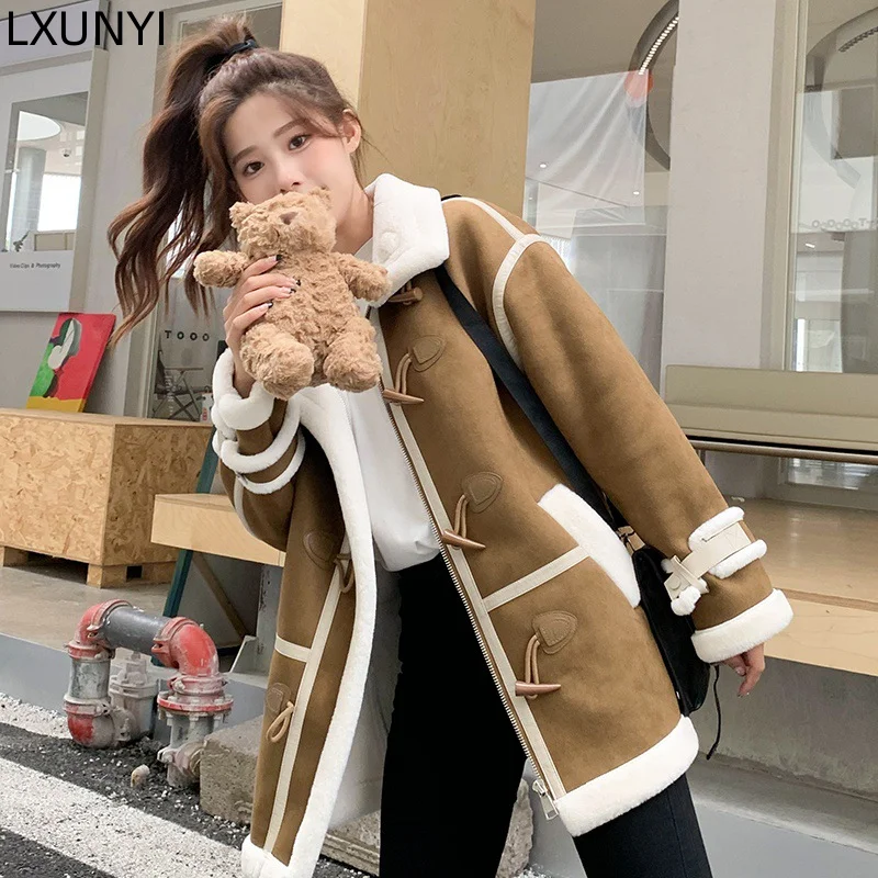 

LXUNYI Winter New Warm Thick Horn Buckle Suede Jacket Korean Loose Casual Contrast Color Patchwork Rabbit Fur Shearling Oversize