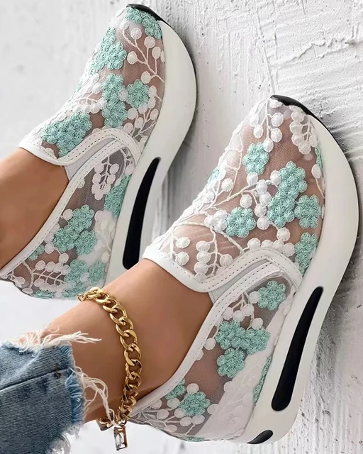 Womens sneakers floral embroidery mesh sneakers