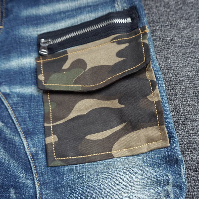 Streetwear Fashion Men Jeans Camouflage Pocket Designer Retro Blue Stretch Slim Ripped Jeans Men Spliced Hip Hop Pants Hombre