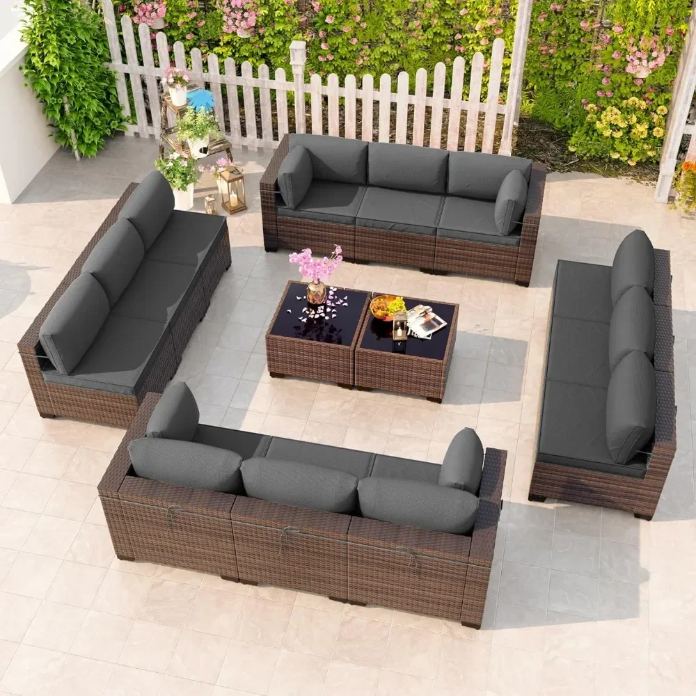 

Outdoor Patio Furniture Set 6 Pieces Sectional Rattan Sofa Set Brown PE Rattan Wicker Patio Conversation 1 Tempered Glass Table
