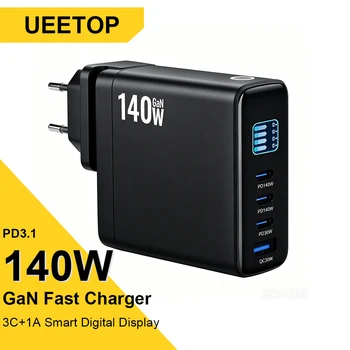 Caricatore GaN a 4 Porte 140W per iPhone 17 16 15 Xiaomi Samsung S26 Laptop, Caricatore USB C PD3.1 con Display Intelligente per Ricarica Rapida del Telefono