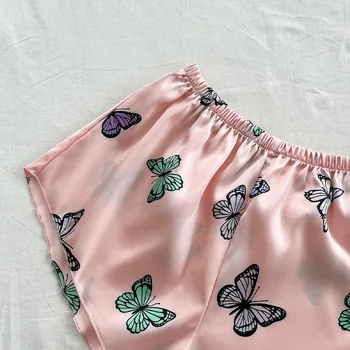 طقم ملابس نوم مطبوعة على شكل فراشة مكون من ثلاث قطع مع شورت بحمالات، ملابس منزلية، طقم ملابس نوم مريح وفضفاض لفصل الربيع 4