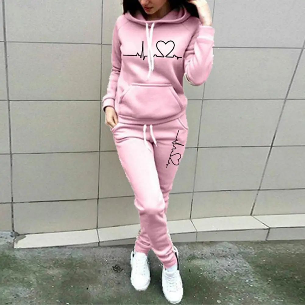 

Fashion Women's Tracksuits 2pcs Clothing Set Heart Print Thick Sweatshirts Sweatpants Outfits Casual Clothes Sets Woman Female