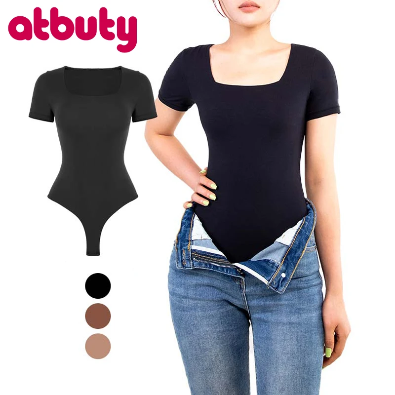 

Atbuty Square Neck Short Sleeve Belly Control One Piece Shepe Wear Jumpsuit Basic Thong Shapewear Shaper Bodysuit For Ladies