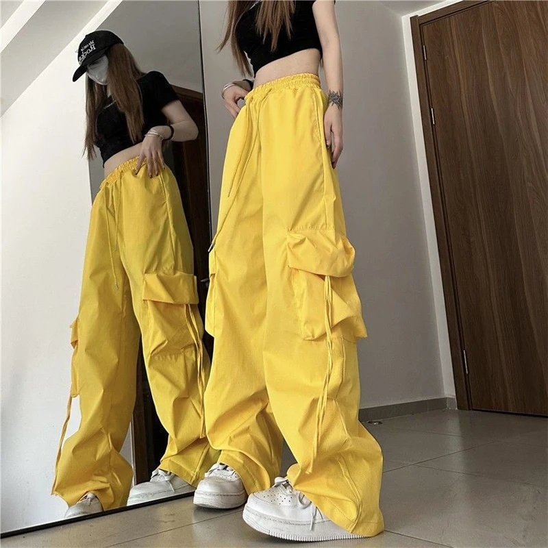 Street Casual Elastic Waist Loose Trend Cargo Pants Spring Summer New Solid All-match Youth Straight Pants Fashion Women Clothes