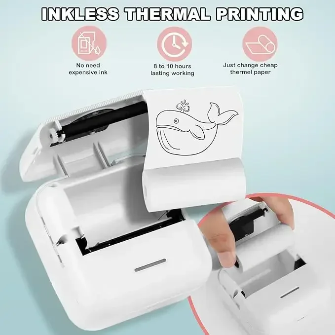 GlowMart Mini Pocket Printer Portable Thermal Sticker BT Printer for Android or iOS APP for Photo Journal Notes Memo Receipt