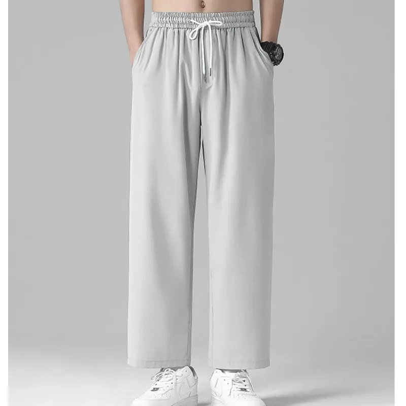 Men's Spring Autumn Bandage Solid Drawstring Elastic High Waist Pockets Wide Leg Casual Sports Loose Trousers Office Lady Pants
