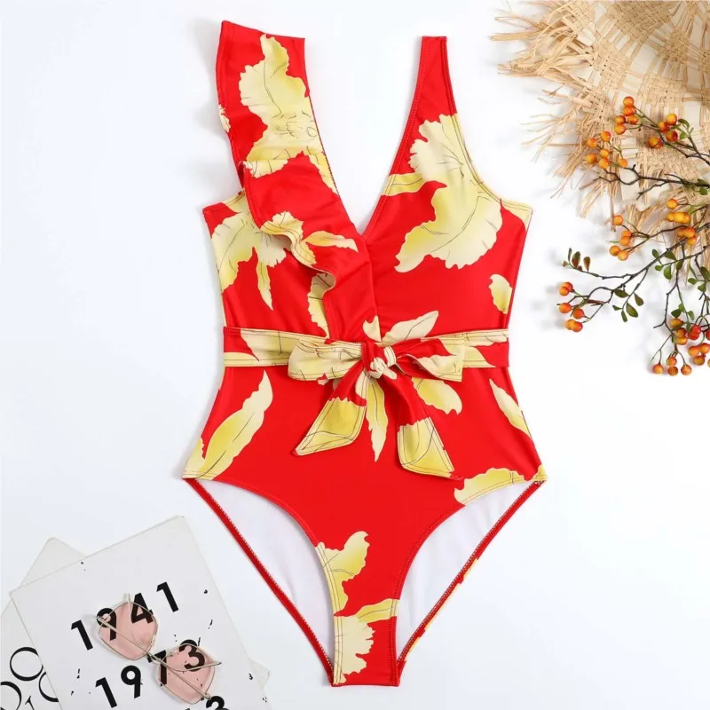 Chiffon Beach Dress Set 2023 New Sexy 2 Piece Sets Women Outfit Wrapped Chest One Piece Swimsuit Set Retro Print Ruffle Bikini