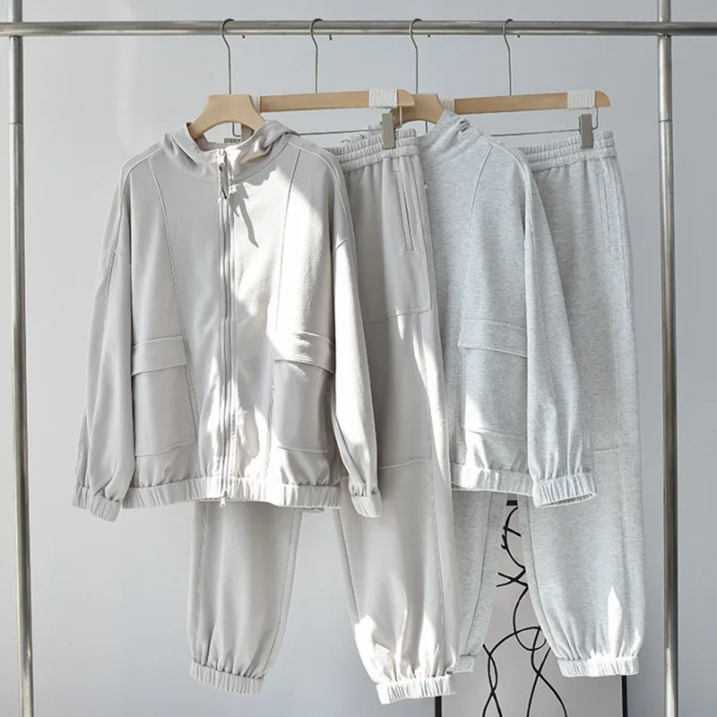 

Early Autumn 2023 Sports Two Pieces Set Women Zipper Hooded Long Sleeve Beading Coat Female Elastic Waist Long Pants
