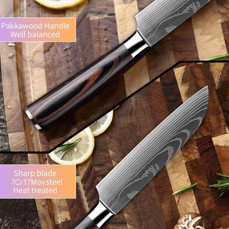 Kitchen Knife Meat Cleaver 5" Japanese Santoku Knife Laser Damascus Pattern Professional Butcher Boning Fish Fruit Utility Knife