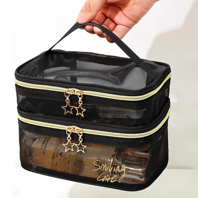 Travel Cosmetic Bag Transparent Mesh Pouch Double Layer Makeup Handbag Women'S Portable Travel Bag Toiletries Kit Organizer 4