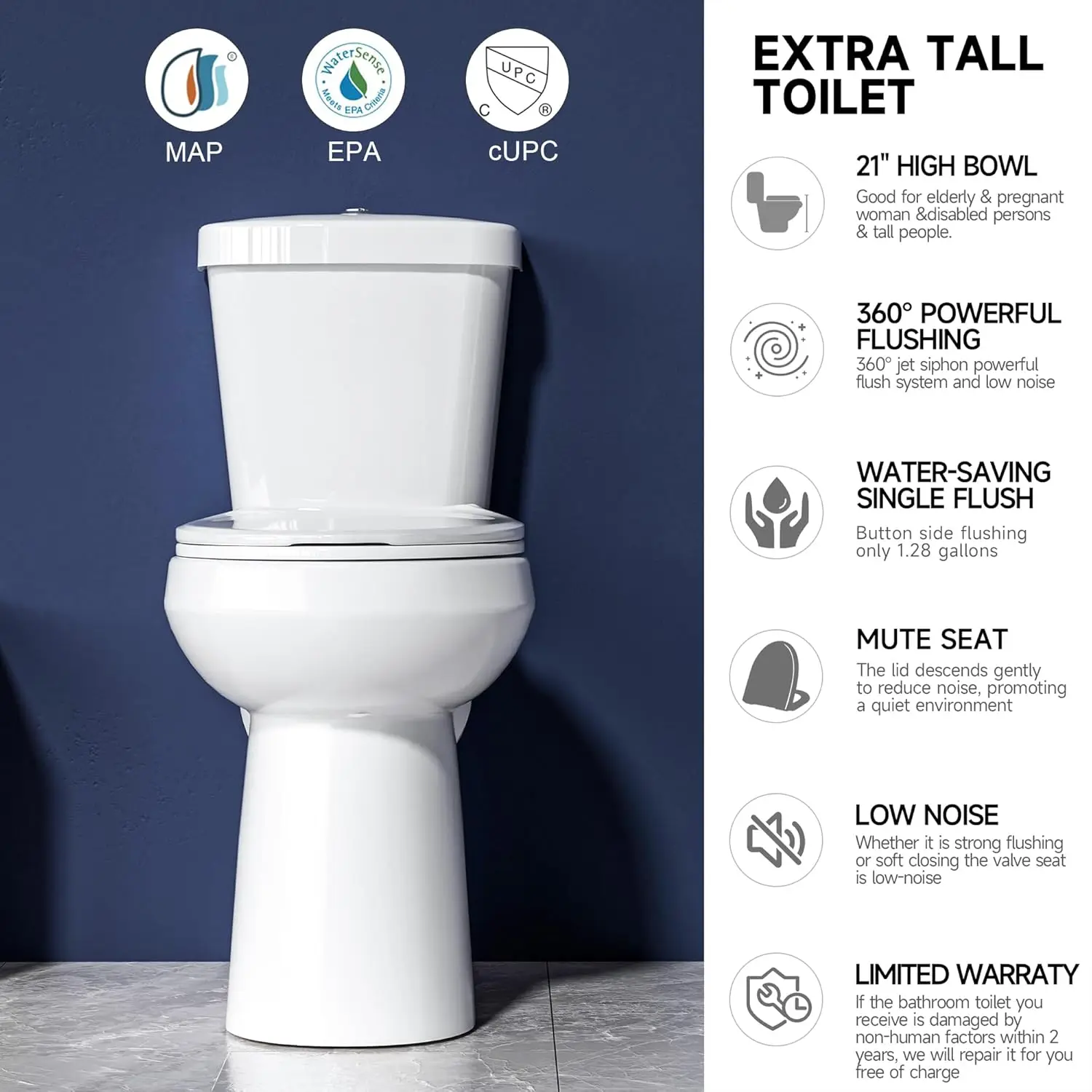 Extra Tall Toilet 21 Inch - High Toilet for Seniors, Round Toilet Dual Flush 1.1/1.6 GPF Comfort Bowl Height Toilet for Bathroom 2