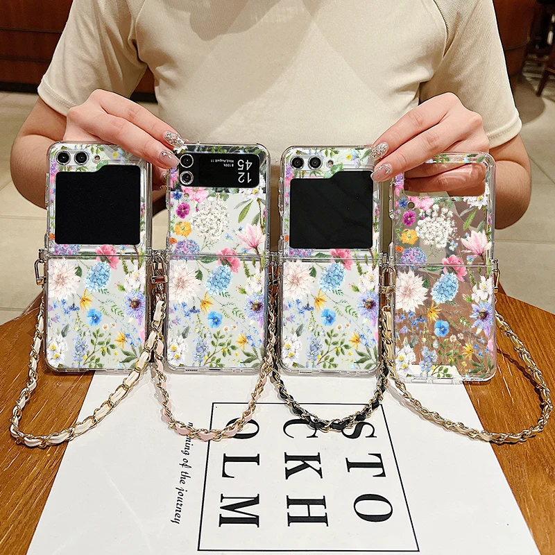 Hydrangea Print Metal Lanyard Case For Samsung Galaxy Z Flip6 Flip5 Flip4 Flip3 Flip 6 5 4 3 Shockproof Clear Soft Phone Cover_voghion.com