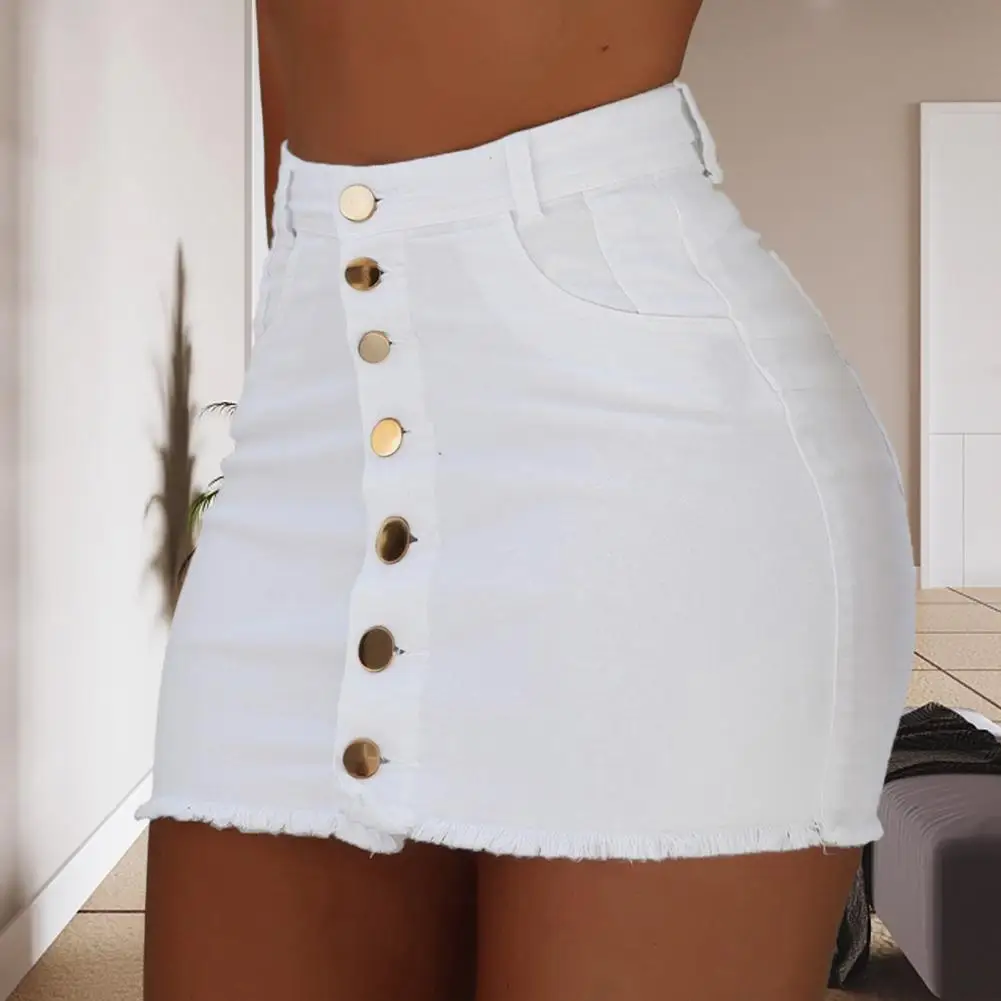 

Hip Wrapped Skirt Trendy Women's High Waist Denim Skirt Button Fly Hip Wrapped Design Solid Color Mini Skinny Streetwear High