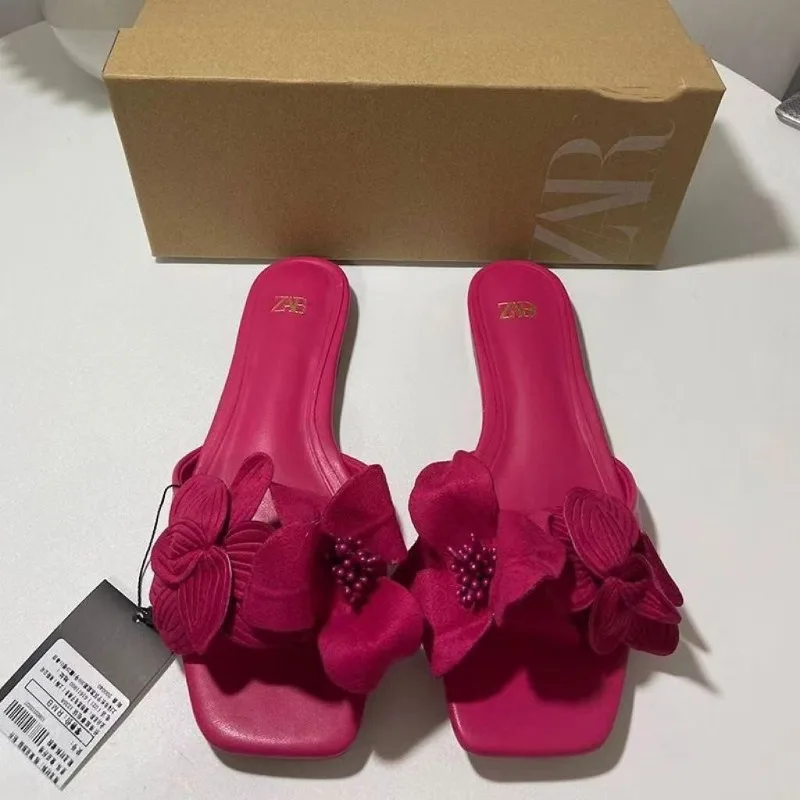 Summer Plus Size Women's Slippers 2024 Korean Style Fashion Outer Slippers Elegant Flower Ladies Flat Slippers Chaussure Femme