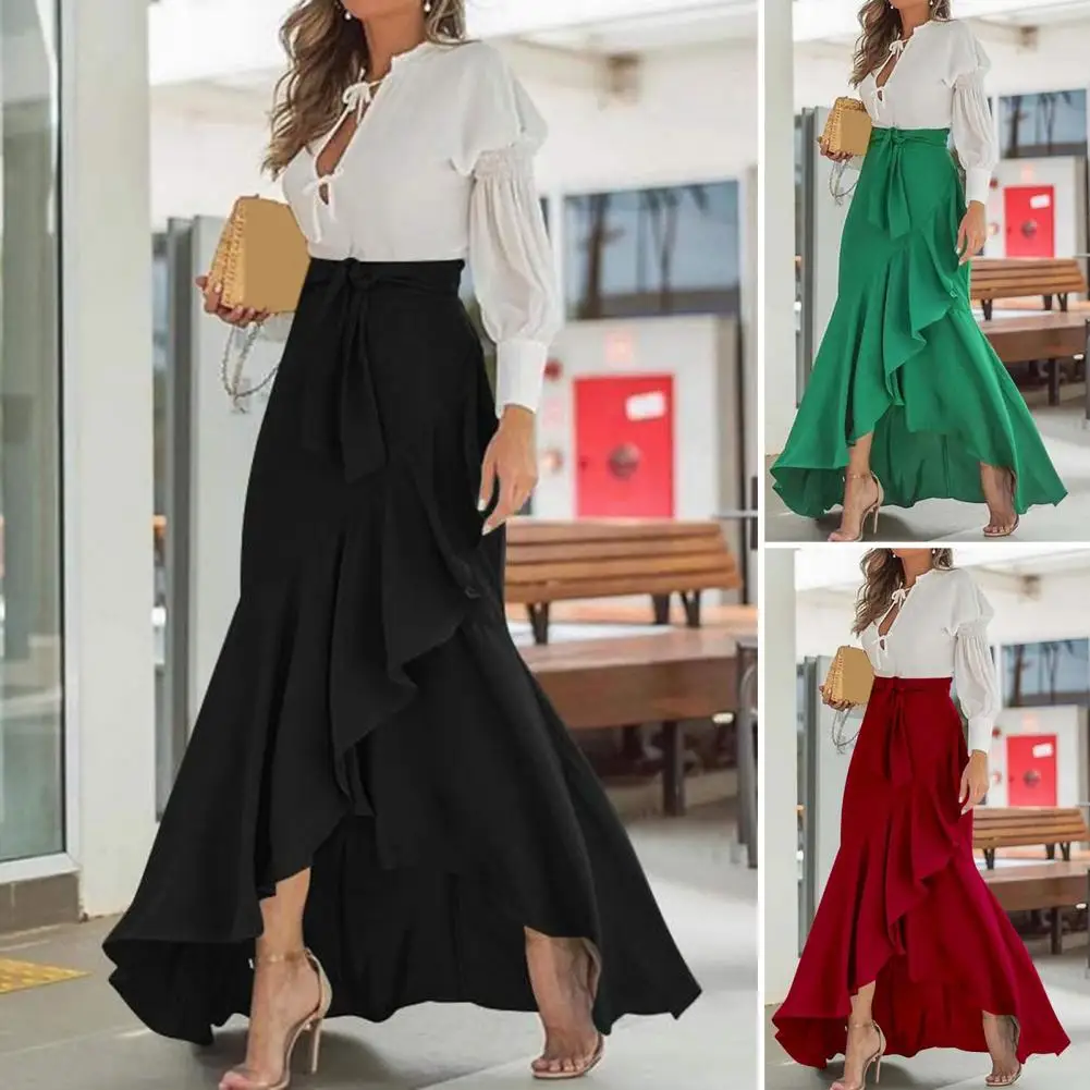 

Fashion Spring Long Skirts 2023 Women Waist Belt Lace Fishtail Design Sexy Streetwear High Waist Irregular Ruffles Long Skirt