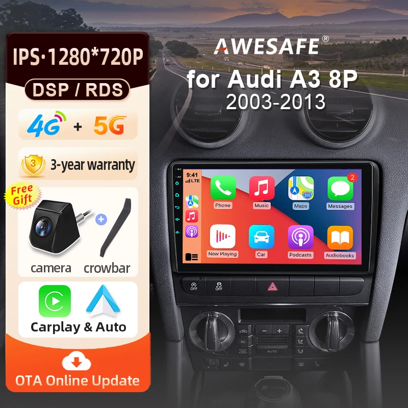 AWESAFE Kabelloses CarPlay Android Auto Radio für Audi A3 8P 2003 2004 2005-2013 Auto-Intelligentes System RDS GPS FM BT DSP SWC