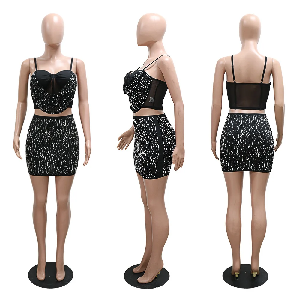 Rhinestone Crop Tops 2 Piece Skirt Sets 2023 Winter Women Y2K Streetwear Fashion Mini Backless Sexy Party Club Dress Outfits