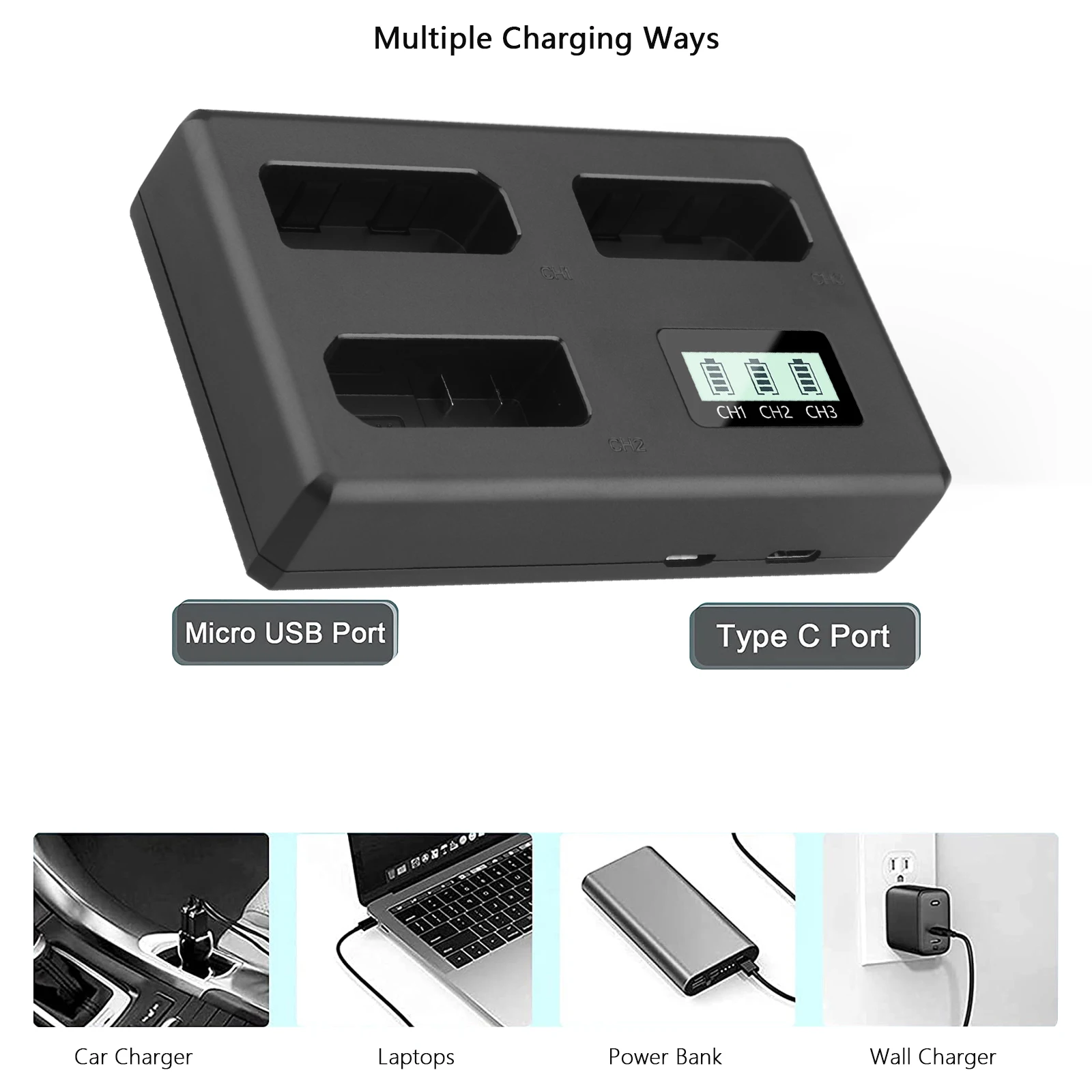 Triple Slot Battery Charger for Nikon EN-EL14/EN-EL14a Batteries