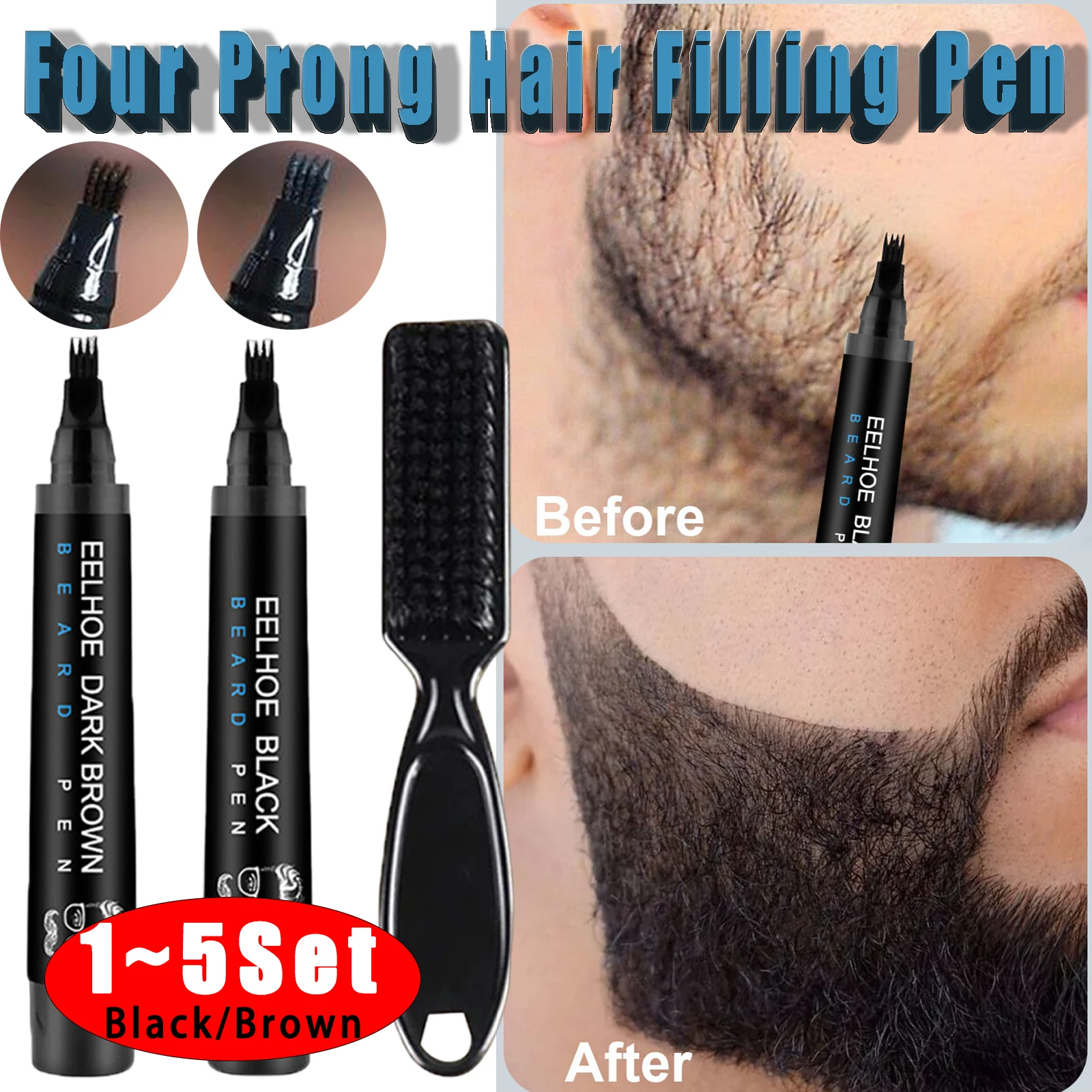 Hair Filling Pen with Brush Kit Black/Brown Waterproof Four Prong Beard Filler Pencil for Hair Eyebrow Eyelash Beard HairFilling