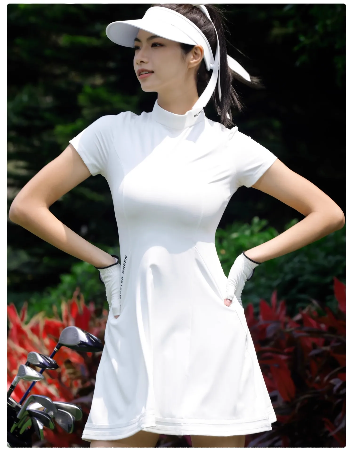 sports ladies short sleeve shirt dress breathable slim fit half high neck dresses woman tennis outdoor golf skirt