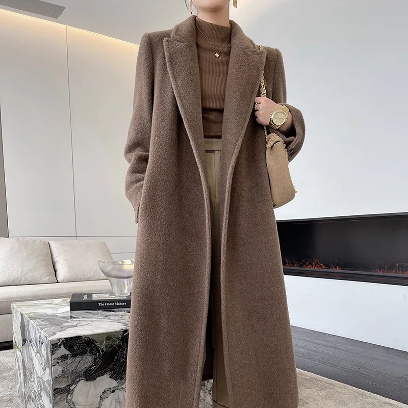 

2023 High-end Alpaca Coat Women Winter Long Black Coat Lace-up Loose New Wool Coat Lining Suit Collar Straight Casual Commuting