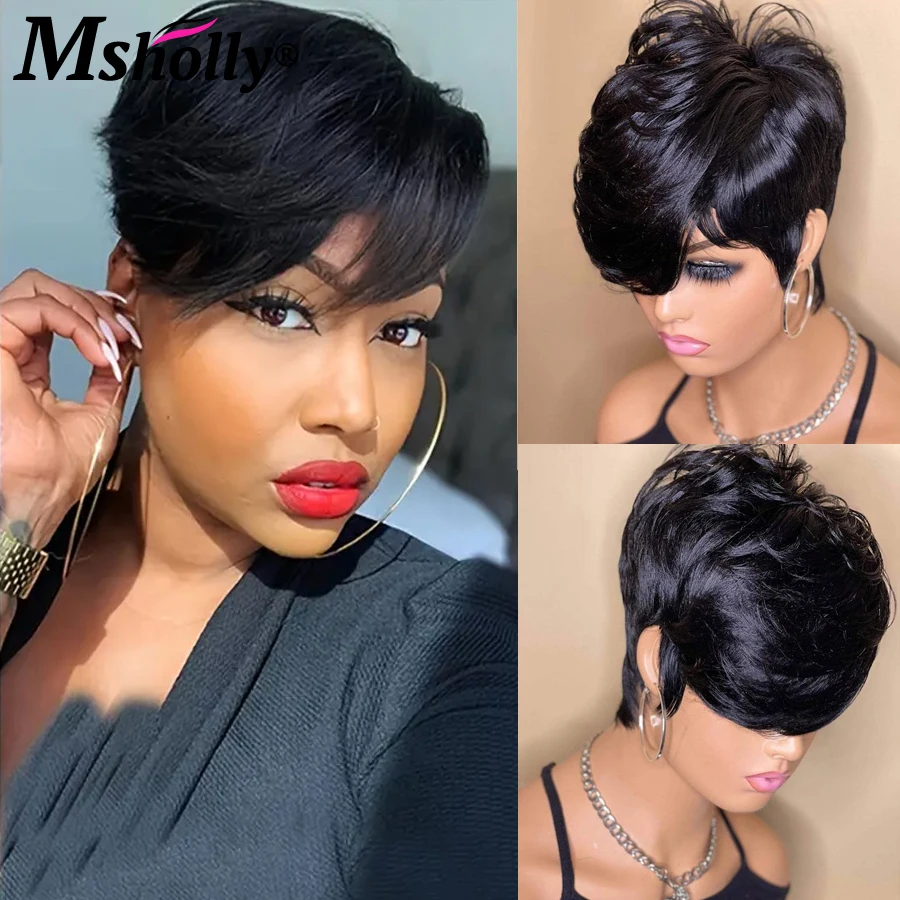 

Short Pixie Cut Remy Wigs Glueless Ready To Wear Glueless Straight Human Hair Wigs Water Wave Full Machine Made Wig With Bangs