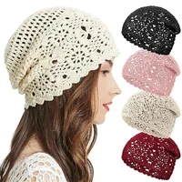 New Women Handmade Crochet Slouchy Beanie Knit Hat Elegant Flower Hollow Out Breathable Skull Cap Elastic Beanies Chemo Cap 1