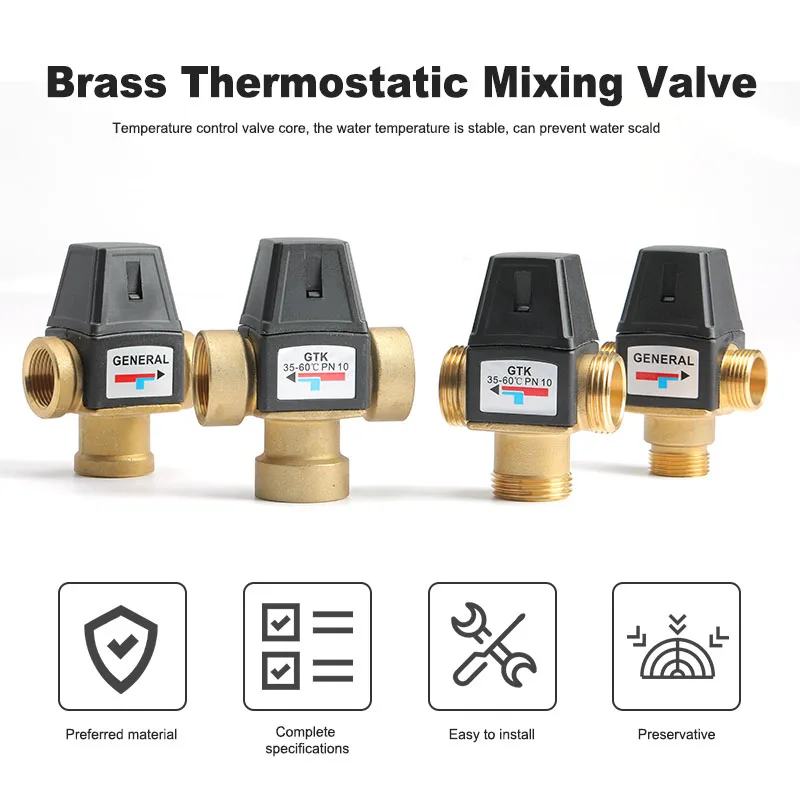 3 Way Thermostatic Mixer Valve DN20/25 Female/Male Thread Brass Thermostatic for 3/4" 1" Solar Water Heater Thread Mixing Valve
