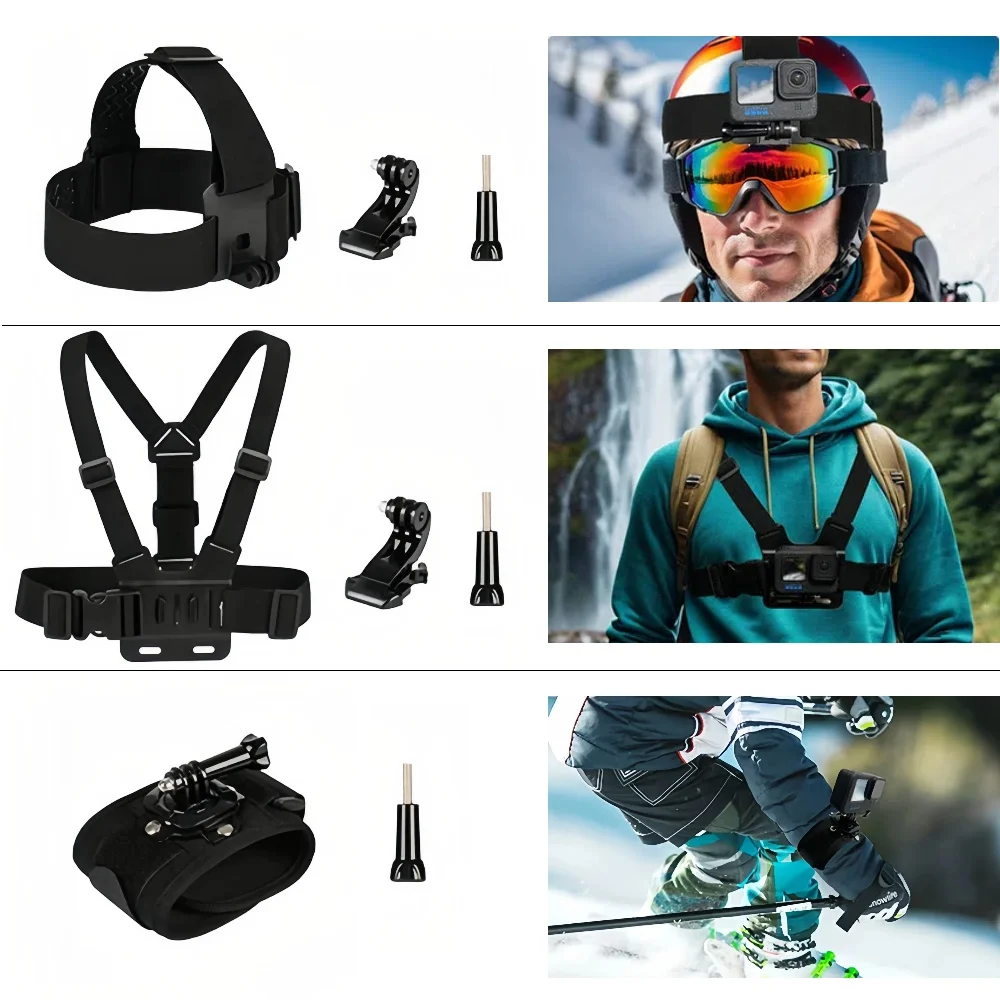 Vue d'ensemble du kit d'accessoires GoPro comprenant harnais de poitrine et sangles, prêt à l'emploi.