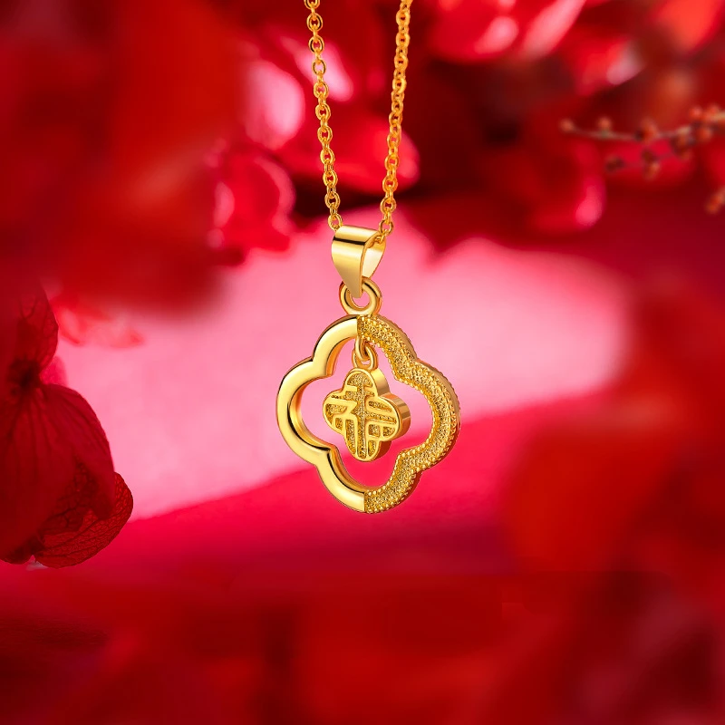 

Pure 14k Gold Color Antique Four Leaf Grass Fu Brand Necklace for Women with Diamond Fine Jewelry Real Gold Color Chain