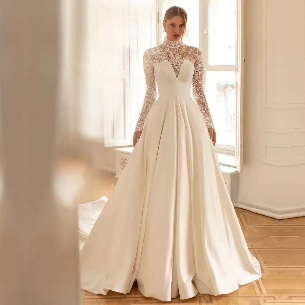 Boho 2024 Wedding Dresses For Woman High Neckline A Line Long Appliqued Sleeve Lace Bridal Gown Elegant Vestido De Novia