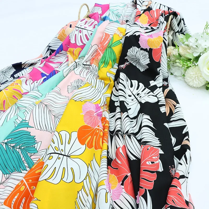 Fresh Leaf Pattern Polyester Printed Fabric Bohemian Style Beach Skirt Clothing Material Banana Leaf Design Wax Dyeing Cloth