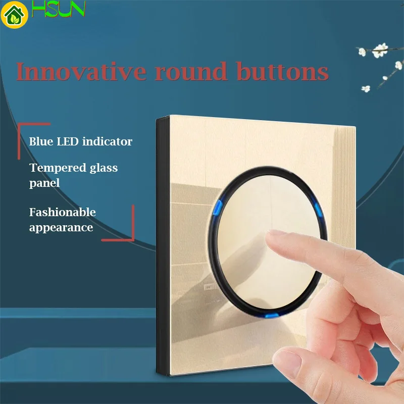 

1 2 3 4 gang 1 2 way Tempered glass gold reset switch panel with LED lamp 86 concealed wall switch socket European standard
