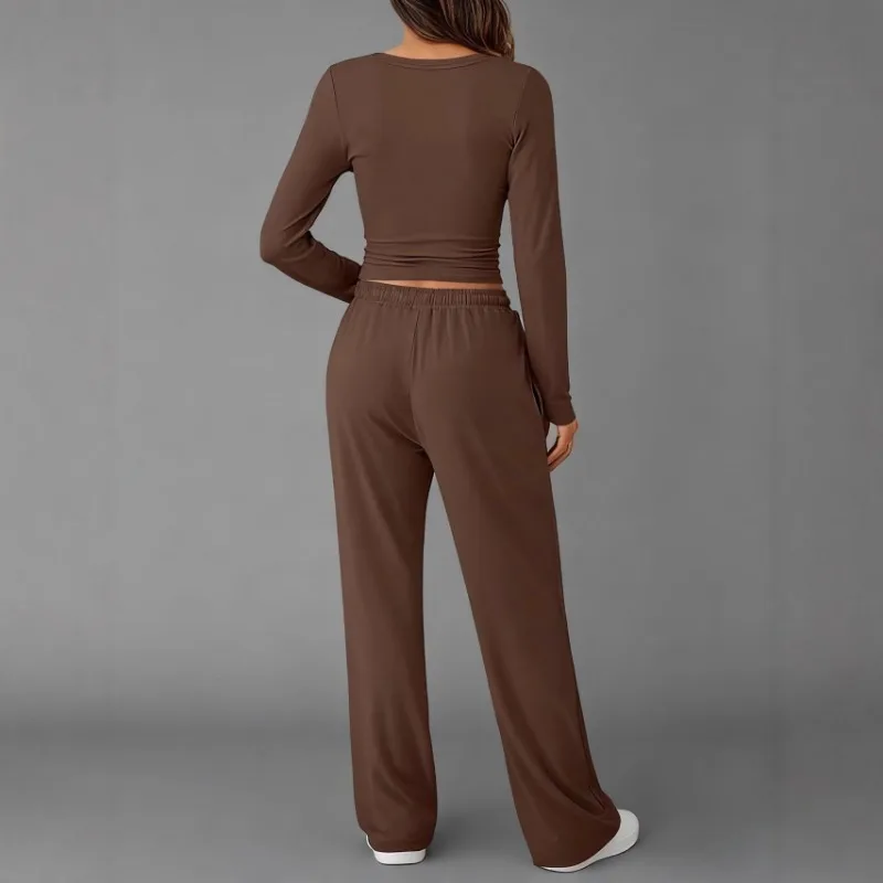 Abbigliamento da donna Moda europea americana Sport casual Autunno Inverno Tinta unita con coulisse Set di pantaloni a maniche lunghe - immagine 4