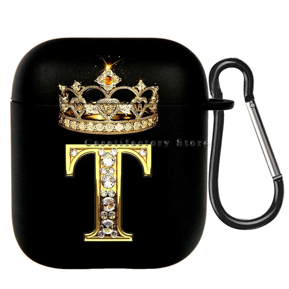 Elegant Diamond Crown Initial AirPods Case - Black Wireless Bluetooth Earphone Cover