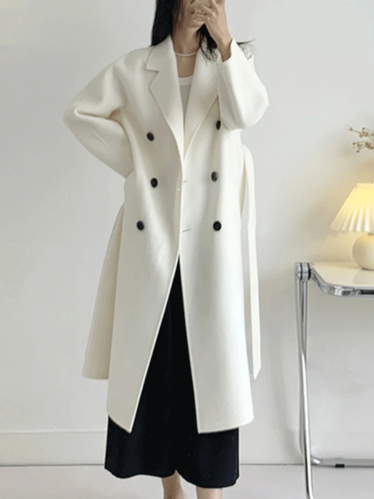 Cashmere Coat Women's High-End Thickened Slim-Fit SolidColor Double-Breasted Mid-Length SuitCollar Lace-up Classic Double-Sided