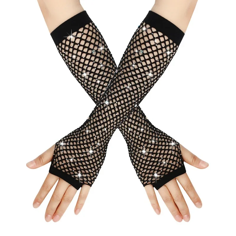 1 Pair Women Long Rhinestone Fishnet Net Gloves Fingerless Mesh Gloves Punk Rock Night Club Party Sexy Fashion Gloves