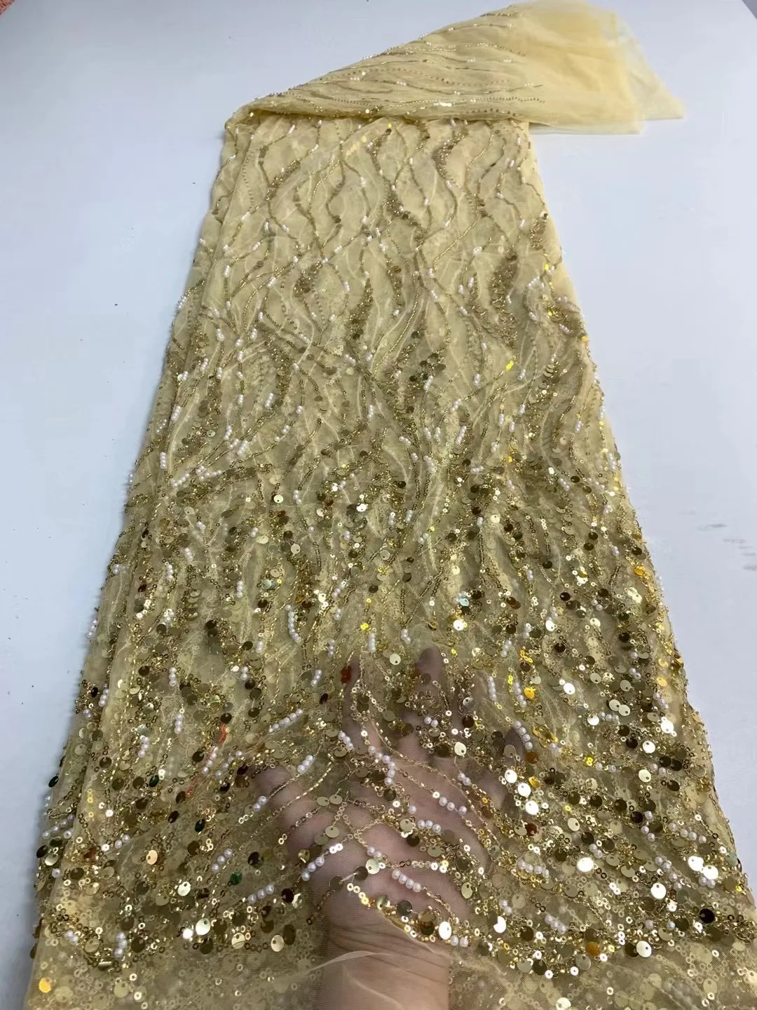 Latest Luxury Sequins Tulle Lace African Handmade Beaded Lace French 2022 High Quality Fabric Nigeria Bride Wedding Dress Sew