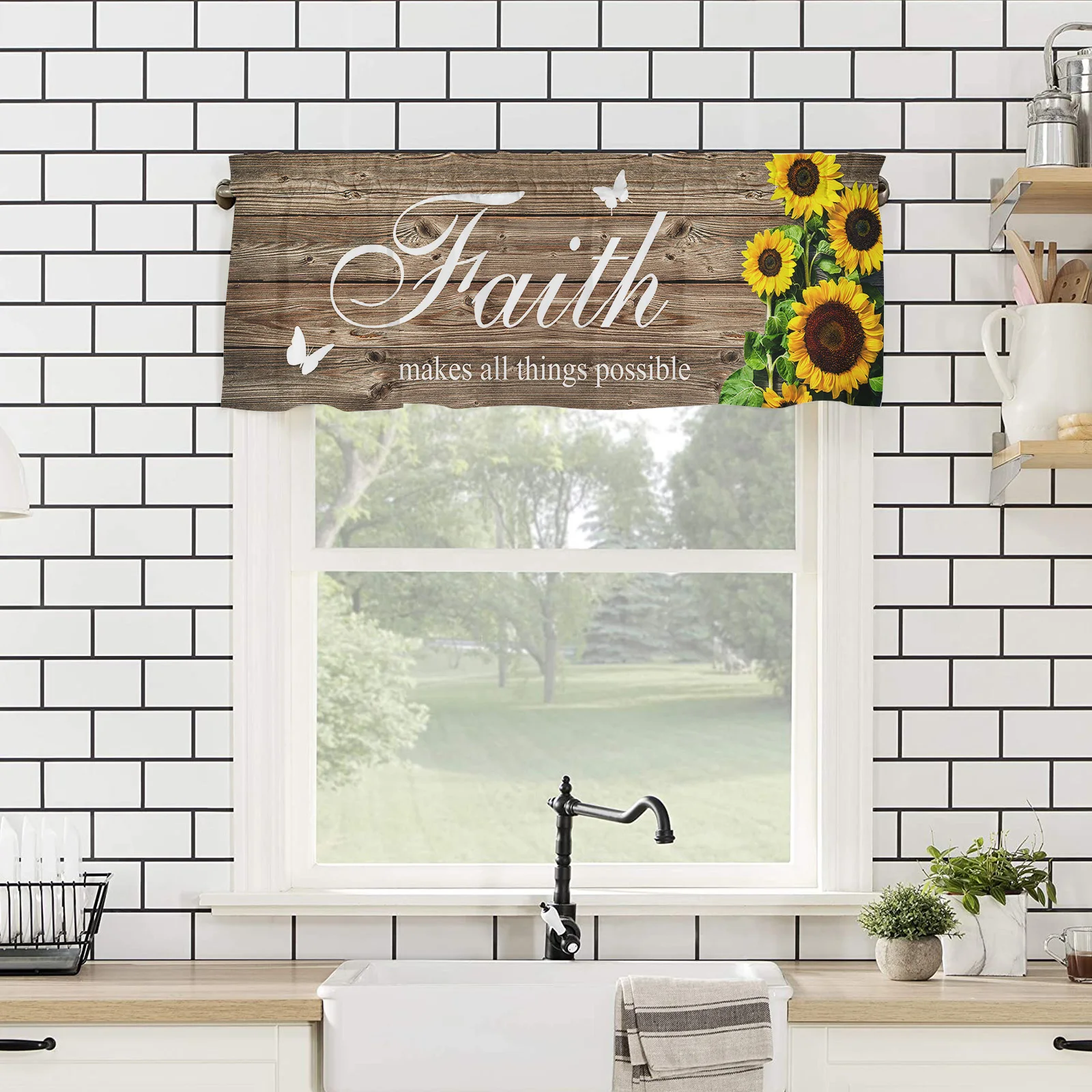 Valances for Kitchen Living Room Small Window Valance Faith Makes All Things Possible Sunflower on a Wooden Board 1 Panel 4